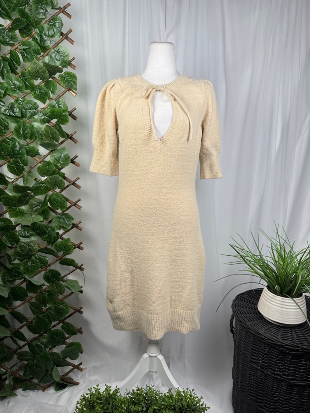 Knit Keyhole Tie Mini Dress in Cream
